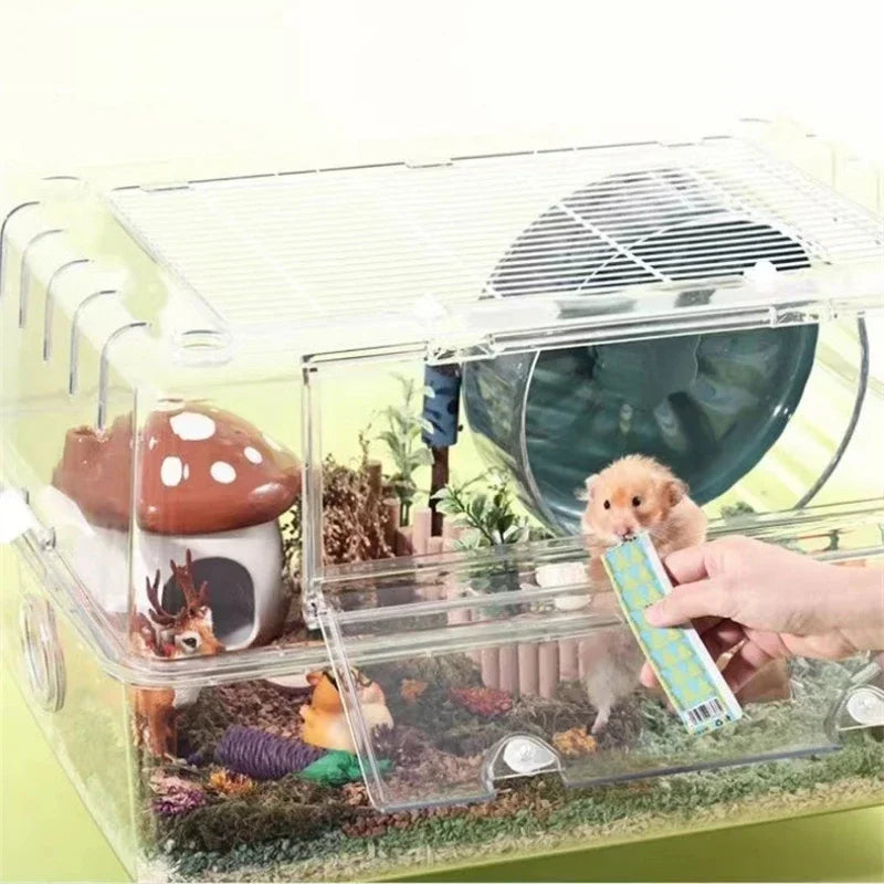 Acrylic Crystal Hamster Cage High-Transparency No-Dust Enclosure Front-Opening Hedgehog Cage Wall-Mounted Wheel