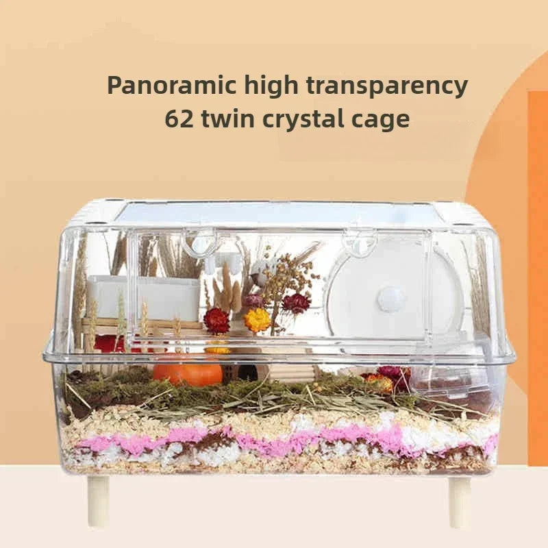 Acrylic Crystal Hamster Cage High-Transparency No-Dust Enclosure Front-Opening Hedgehog Cage Wall-Mounted Wheel