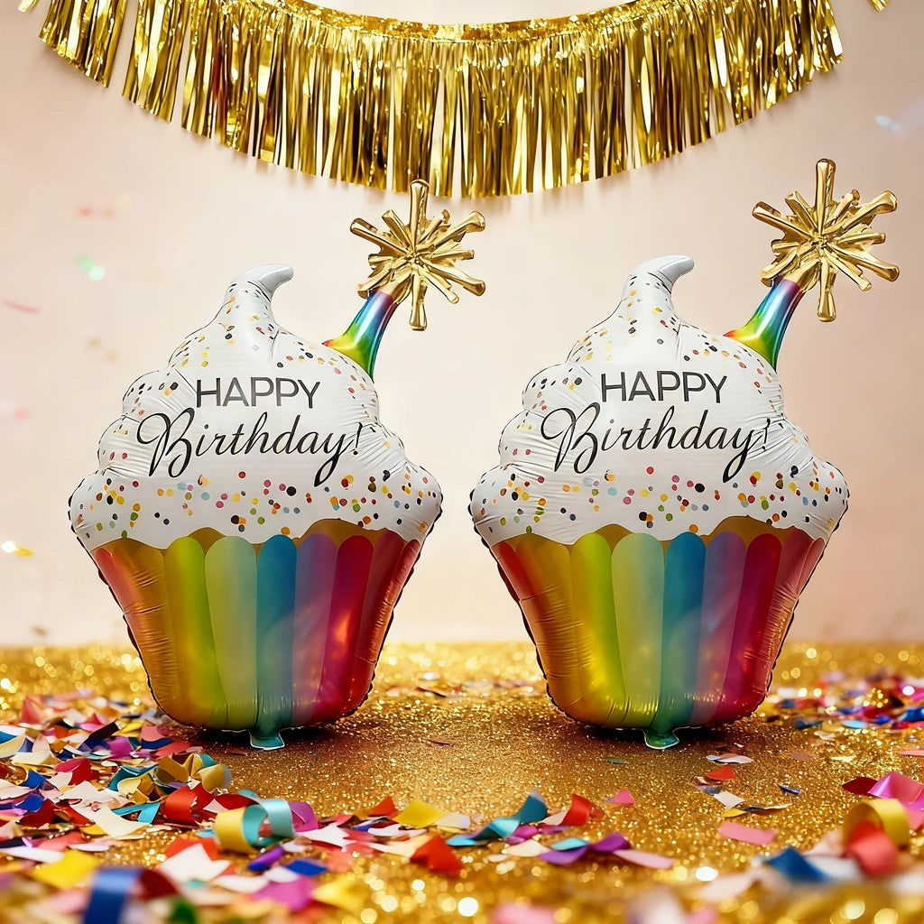 2-Pack Happy Birthday Rainbow Paper Cup Cake Shaped Aluminum Foil Balloon Birthday Party Decoration
