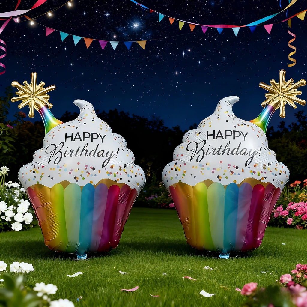 2-Pack Happy Birthday Rainbow Paper Cup Cake Shaped Aluminum Foil Balloon Birthday Party Decoration