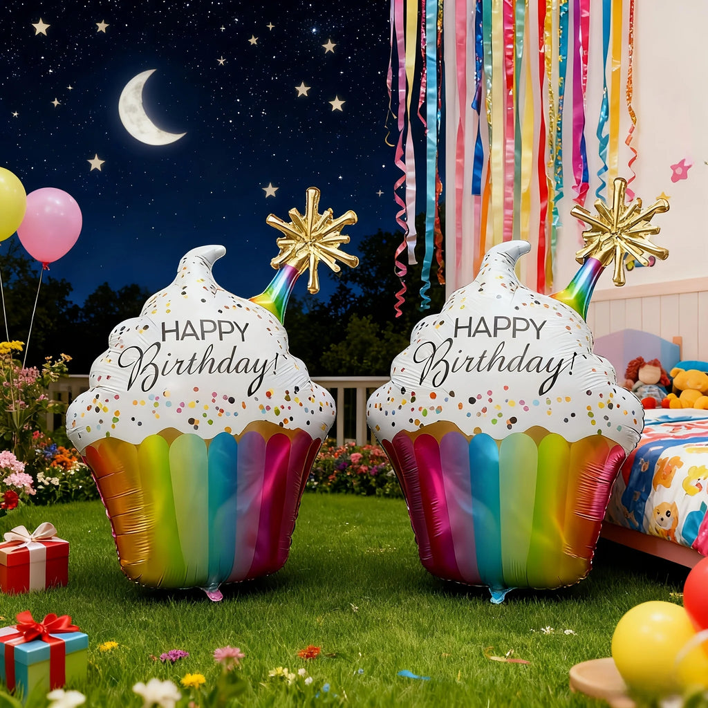 2-Pack Happy Birthday Rainbow Paper Cup Cake Shaped Aluminum Foil Balloon Birthday Party Decoration