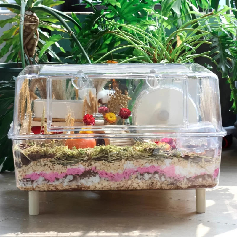 Acrylic Crystal Hamster Cage High-Transparency No-Dust Enclosure Front-Opening Hedgehog Cage Wall-Mounted Wheel