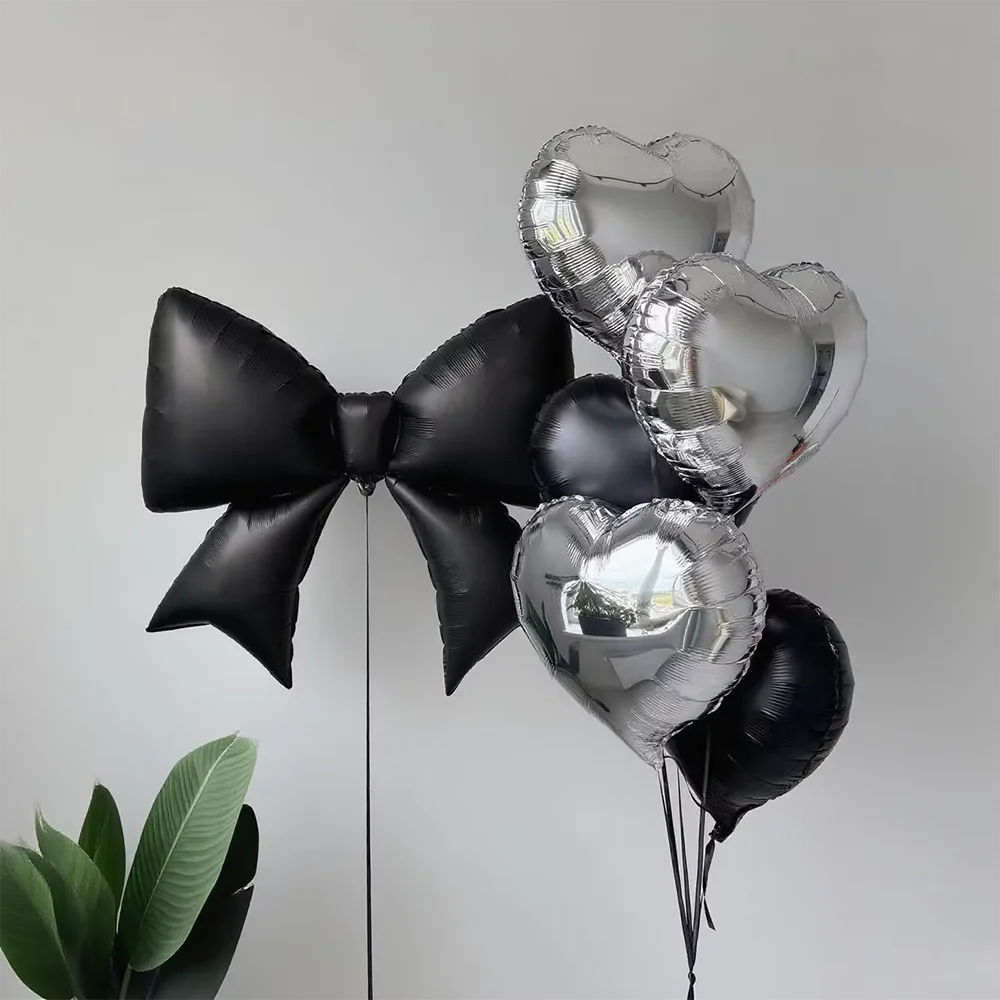 1 set Black Bowknot Silver Love Hearts Foil Balloon Suitable Birthday Party Decor Valentine's