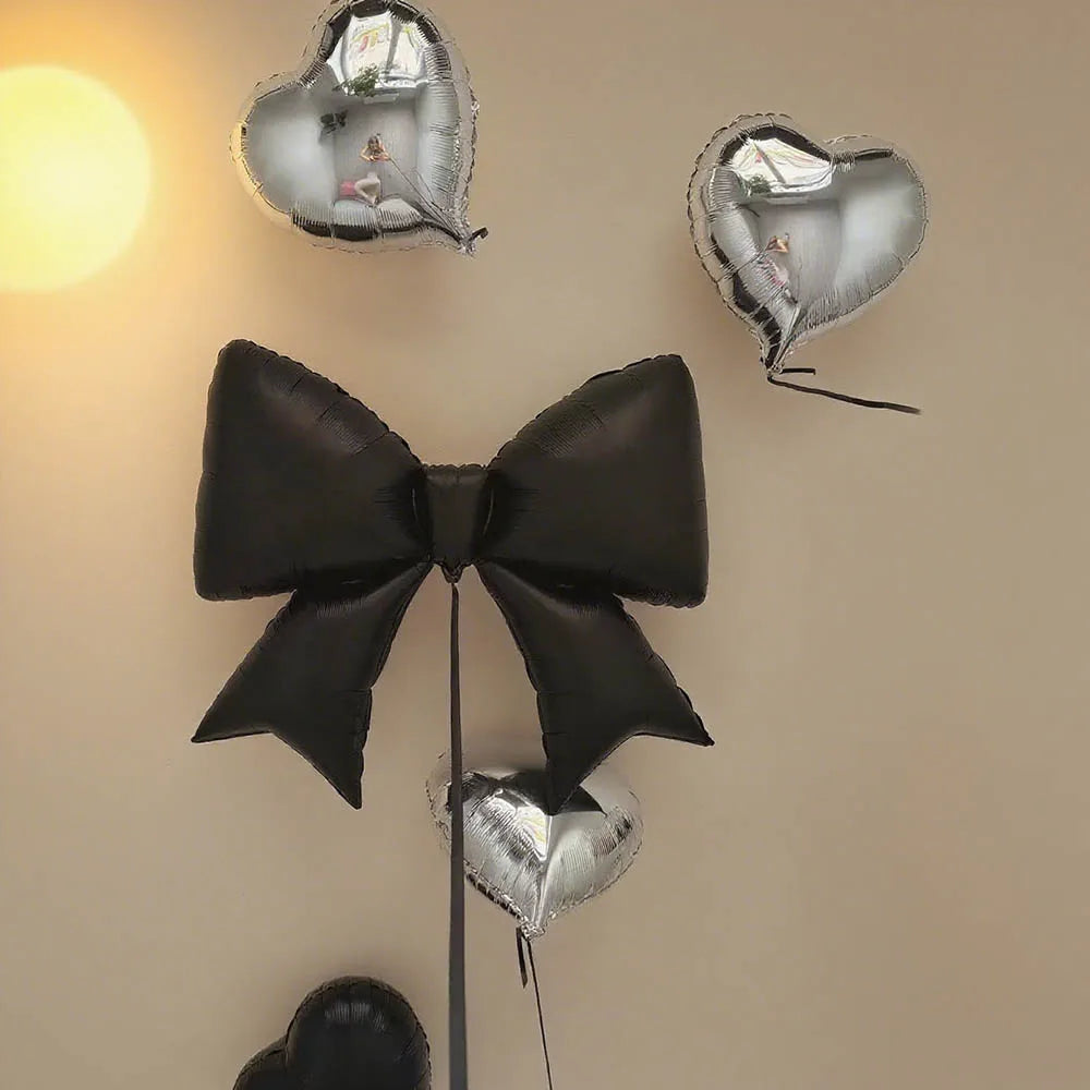 1 set Black Bowknot Silver Love Hearts Foil Balloon Suitable Birthday Party Decor Valentine's