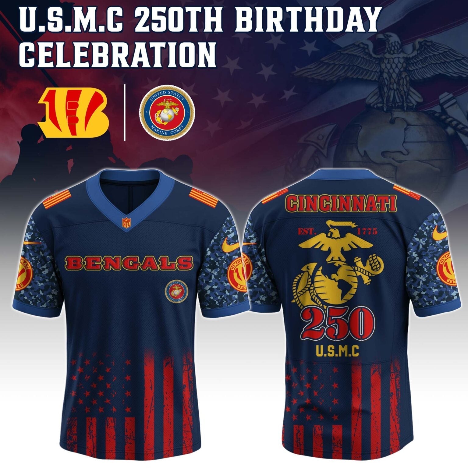 Cincinnati Bengals NFL x U.S.M.C 250TH Birthday Special Edition Jersey