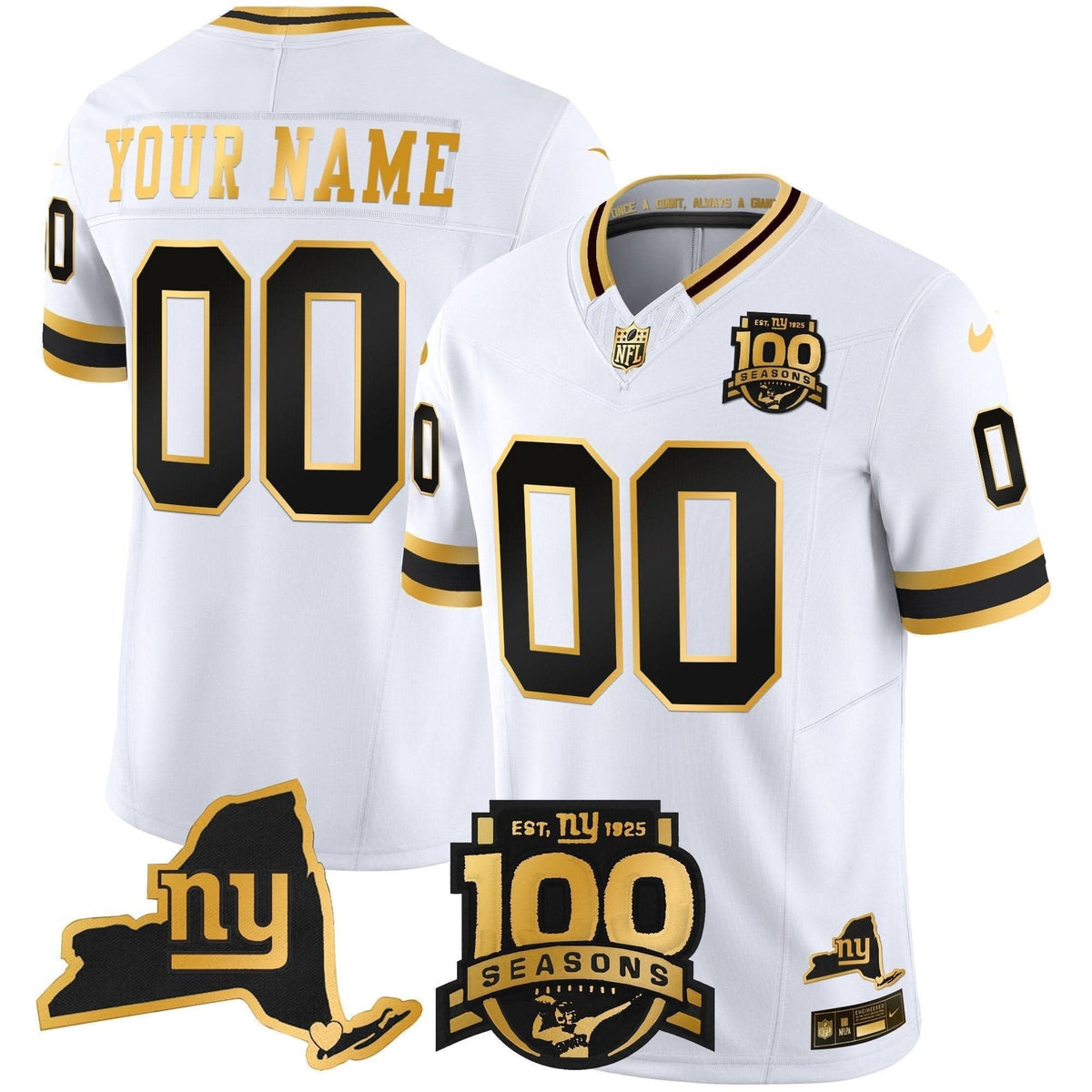 New York Giants 100th Season & State Patch Gold Vapor Limited Custom Jersey - All Stitched