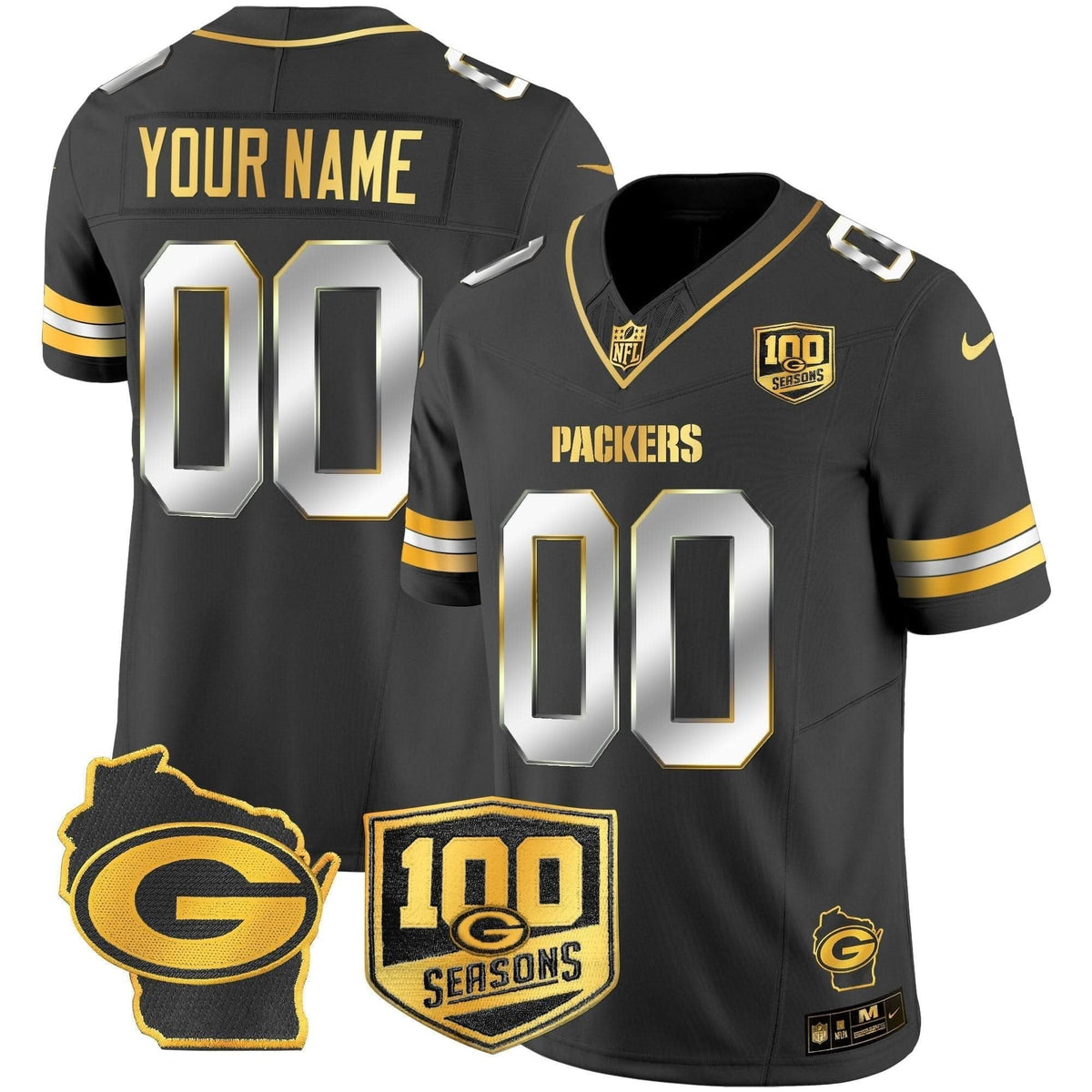 Packers 100th Season & Home Patch Gold Vapor Limited Custom Jersey - All Stitched