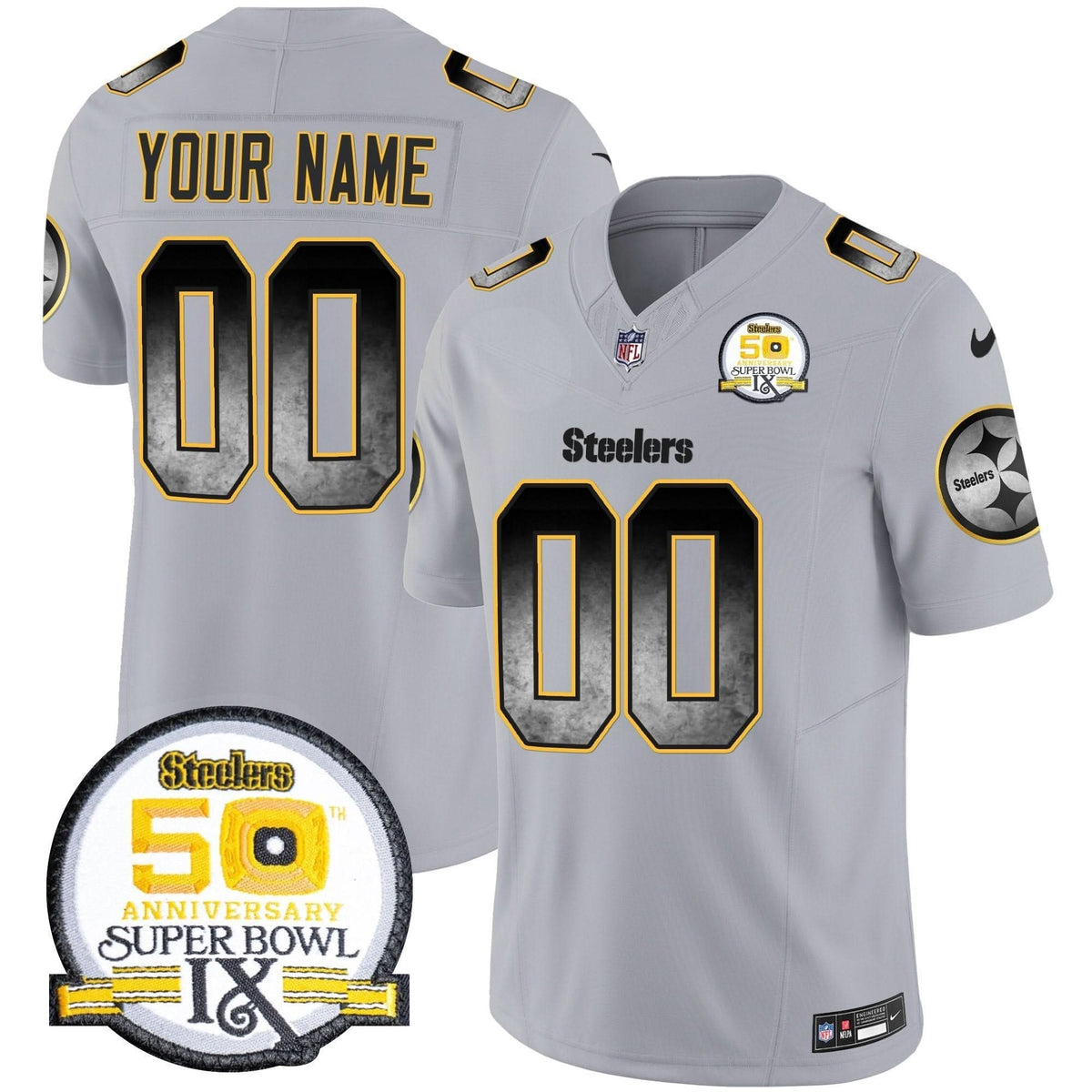 Steelers Arch Smoke 50th Anniversary Of Super Bowl IX Patch Vapor Limited Custom Jersey - All Stitched