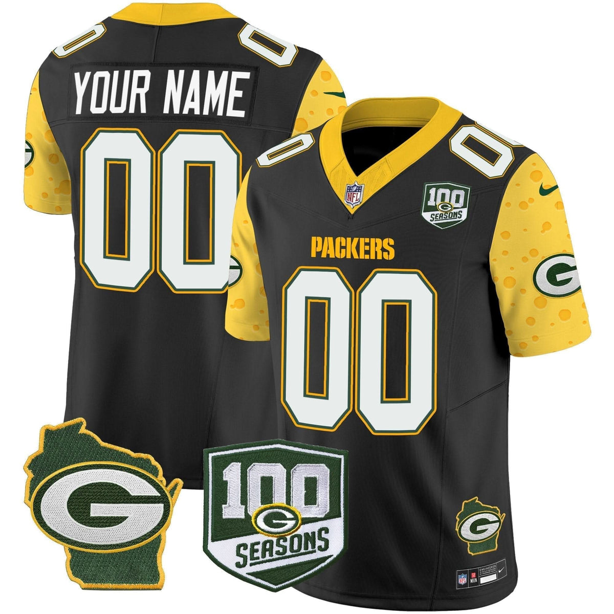 Packers 100th Season & Home Patch Cheese Vapor Limited Custom Jersey - All Stitched